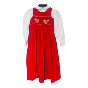 Kids Girl Dress Red White Long Sleeve Peter Pan Collar Bear Embroidered Size 4